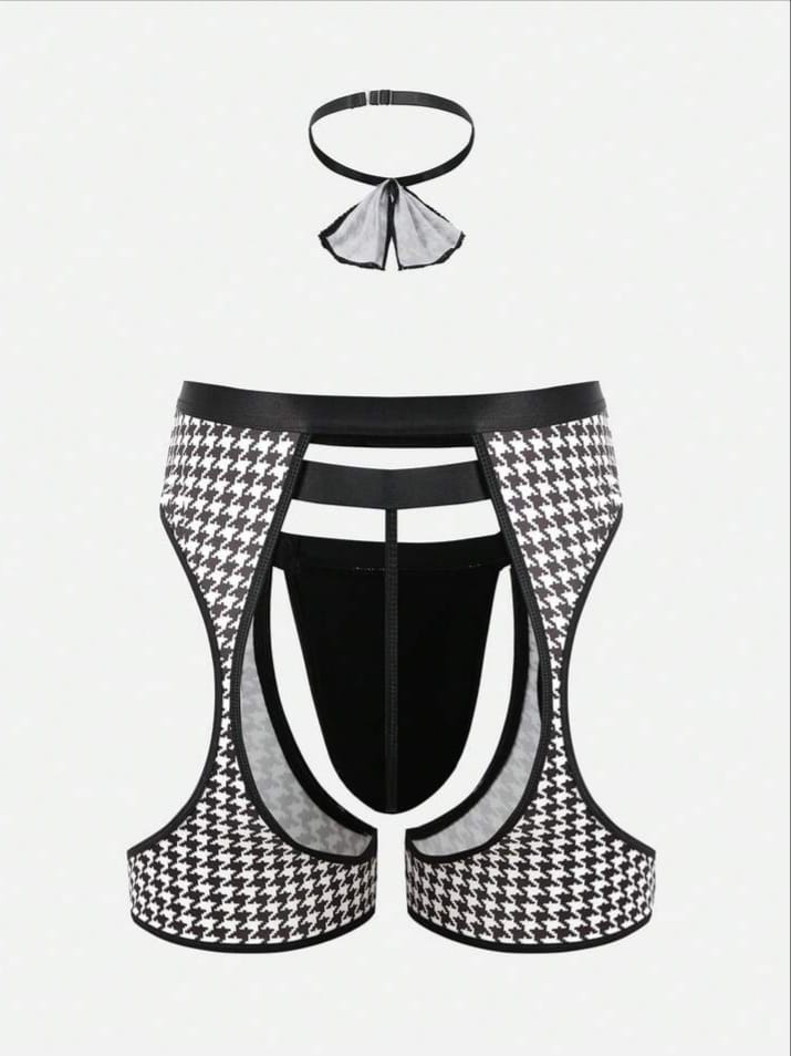 Men's Sexy Lingerie, Milk Silk Printed Houndstooth Patchwork Underwear